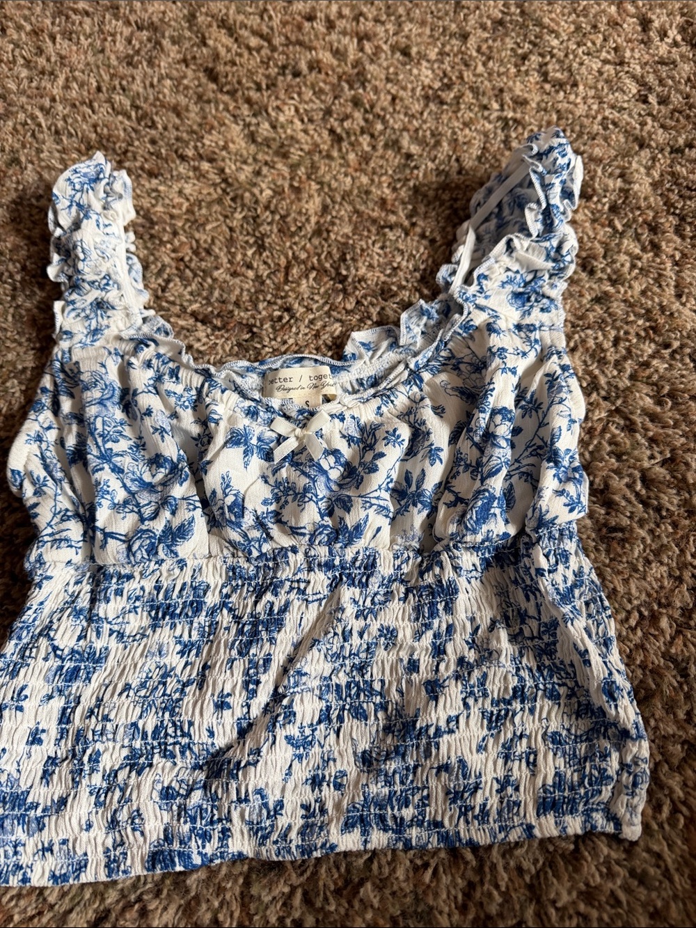 White and Blue Floral Smocked Crop Top by Unknown Brand